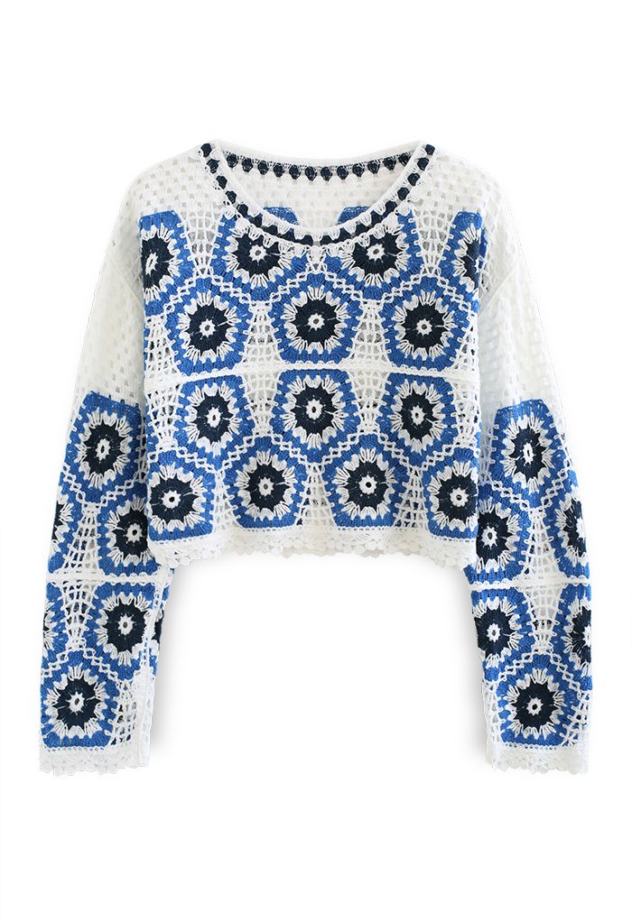 Scalloped Edges Floral Crochet Crop Top in Blue
