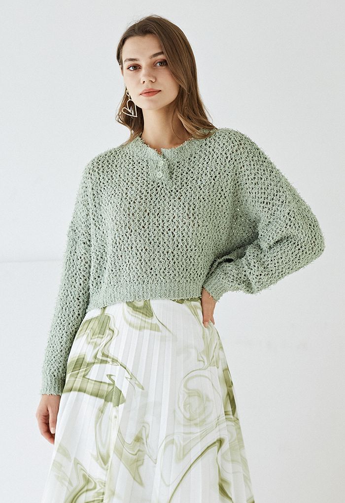 Buttoned Hollow Out Knit Crop Top in Sage