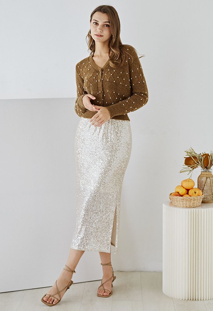 Glittery Sequin Slit Pencil Skirt in Cream