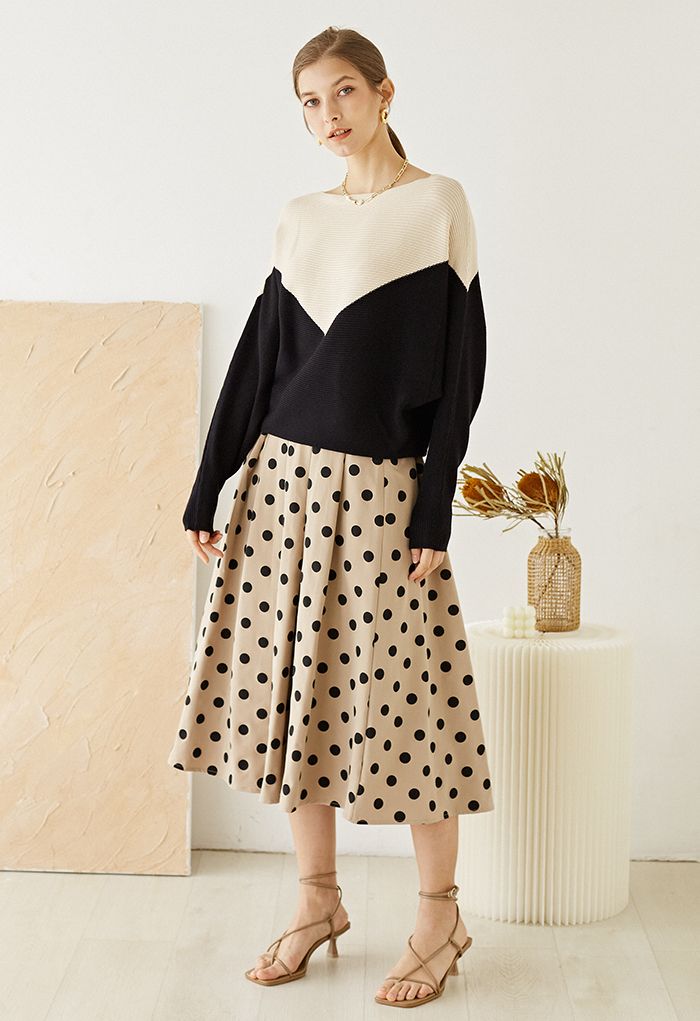 Polka Dot Pleated Midi Skirt in Khaki