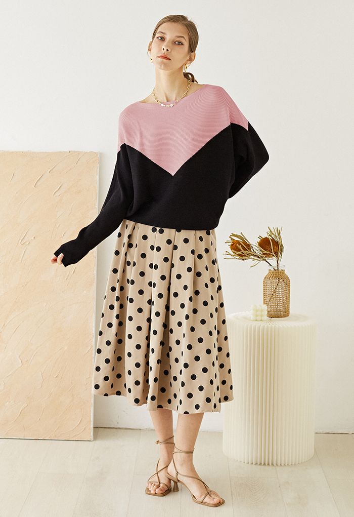 Two-Tone Boat Neck Batwing Sleeve Sweater in Pink