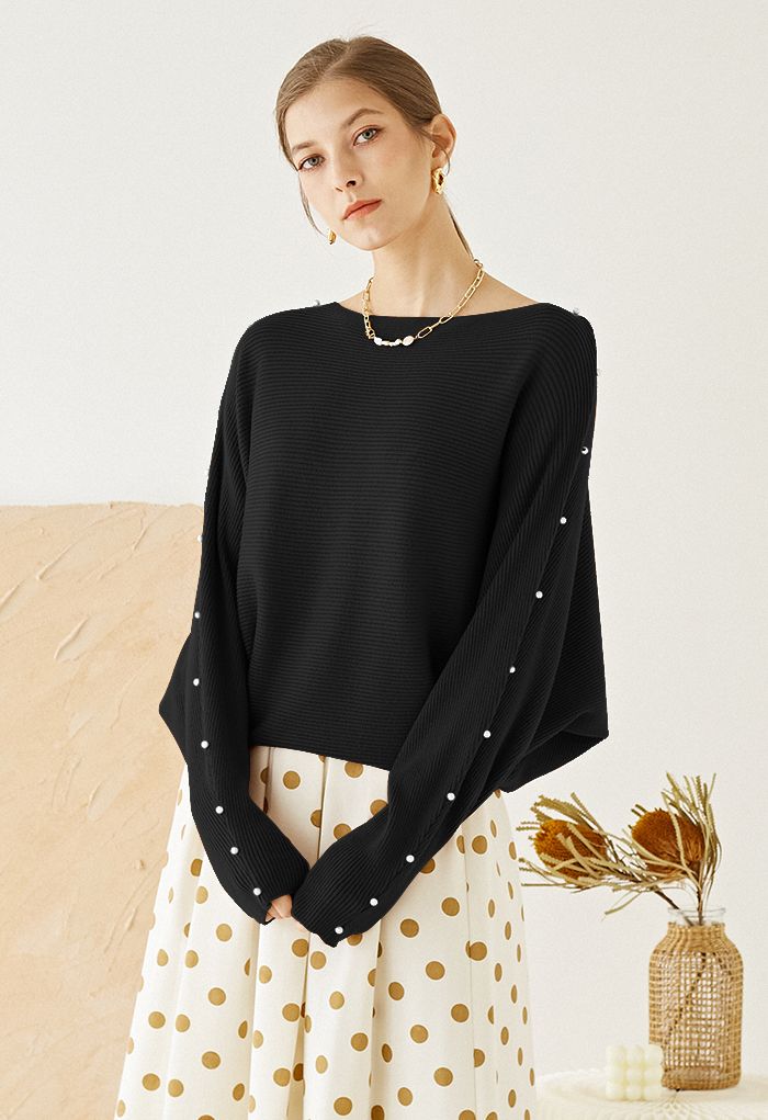 Pearly Batwing Sleeve Knit Sweater in Black