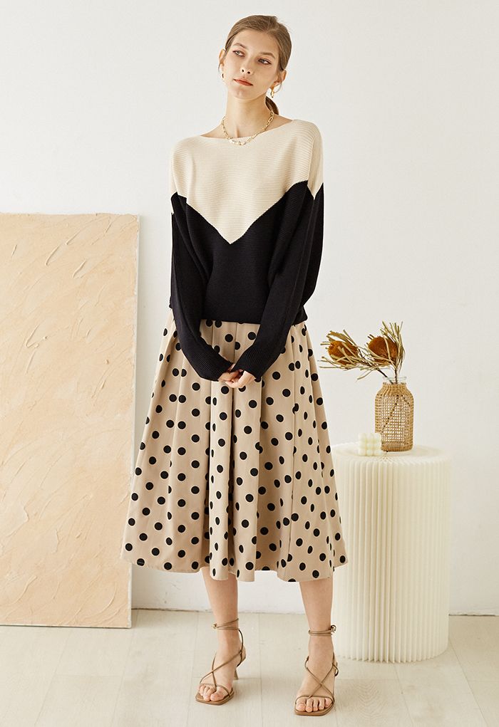 Polka Dot Pleated Midi Skirt in Khaki