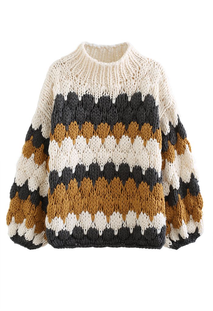 Color Blocked High Neck Hand-Knit Chunky Sweater in Smoke