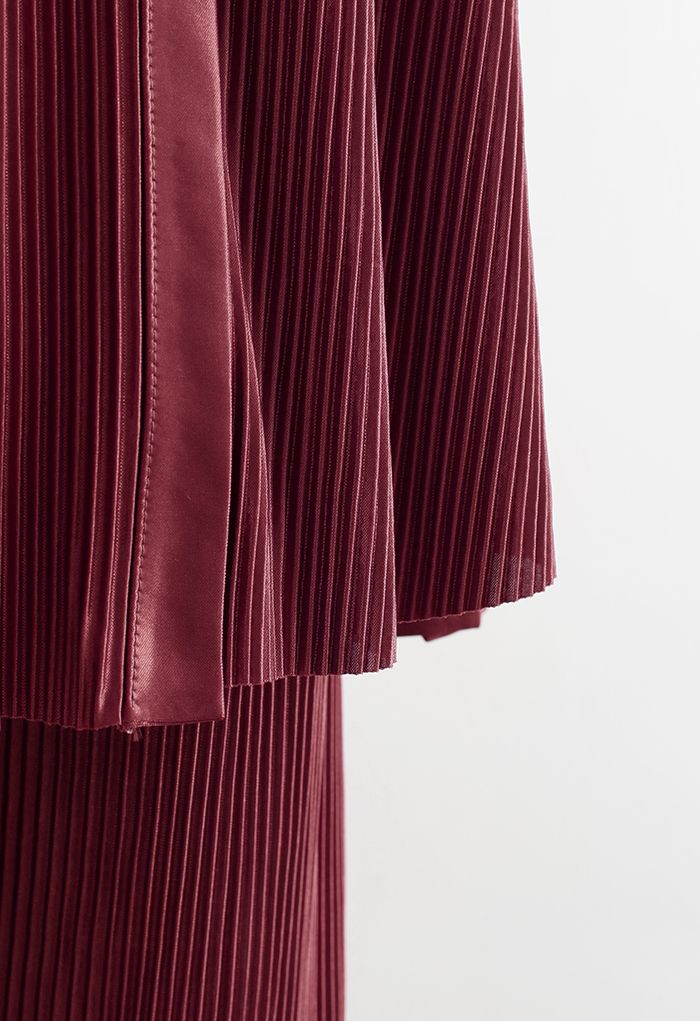 Full Pleated Plisse Shirt and Pants Set in Burgundy - Retro, Indie