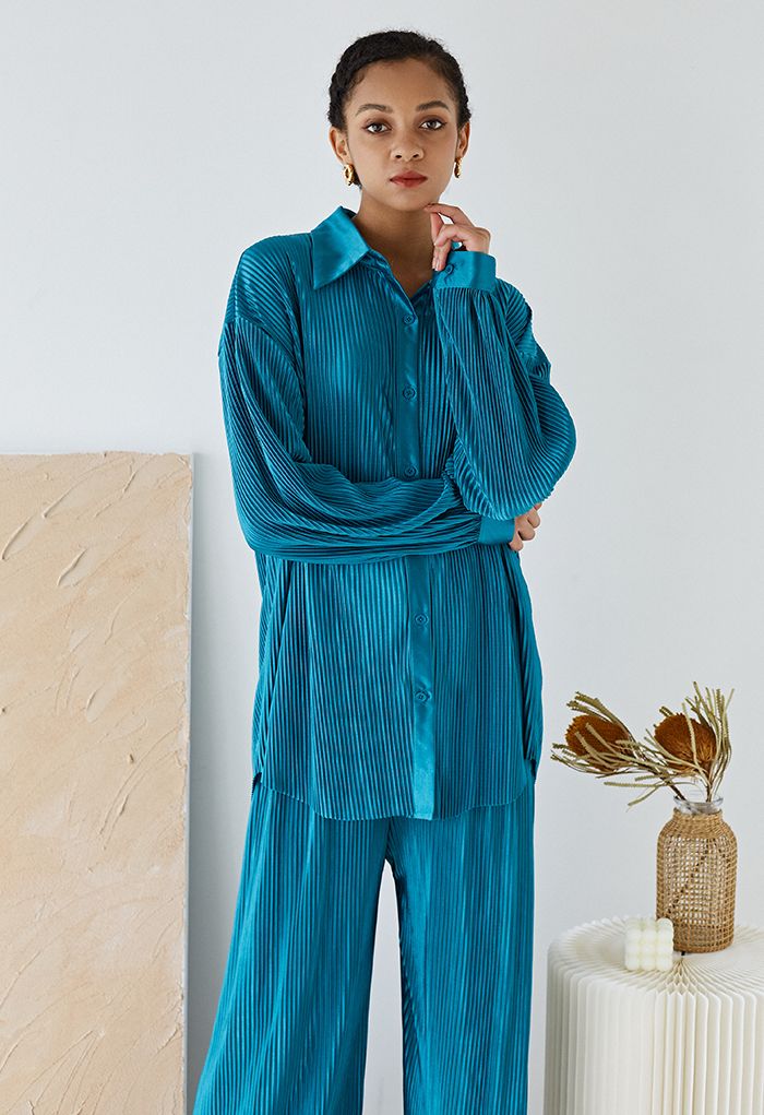 Full Pleated Plisse Shirt and Pants Set in Teal