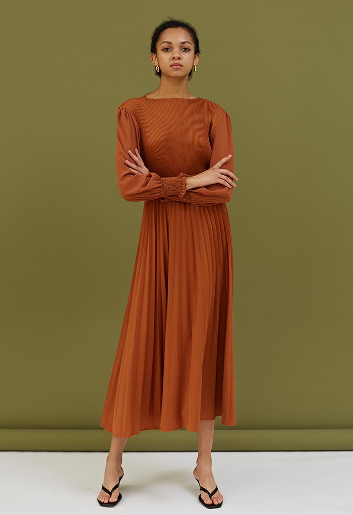 Full Pleated Belted Maxi Dress in Pumpkin
