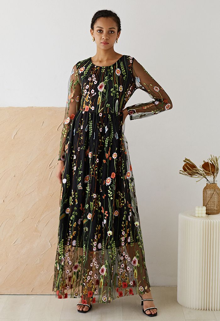 Lost in Flowering Fields Embroidered Mesh Maxi Dress in Black Black XS