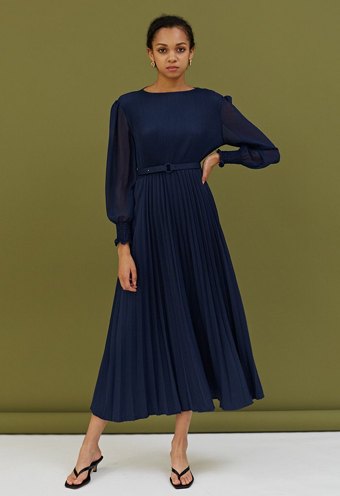 Full Pleated Belted Maxi Dress in Navy - Retro, Indie and Unique Fashion