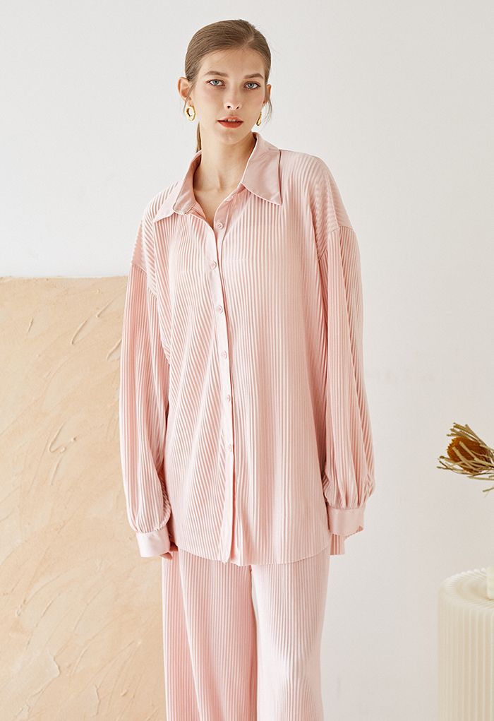 Full Pleated Plisse Shirt and Pants Set in Pink