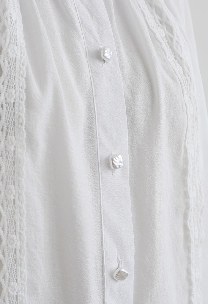 Crochet Trim Puff Sleeves Slouchy Shirt in White