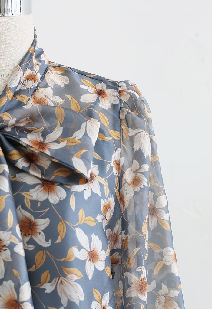 Floral Semi-Sheer Bowknot Shirt in Teal