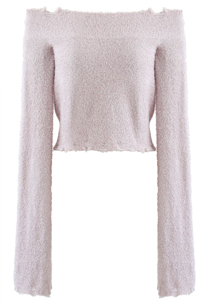 Shimmery Fuzzy Knit Crop Sweater in Pink