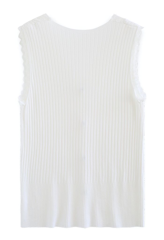 Lacy V-Neck Knit Tank Top in White