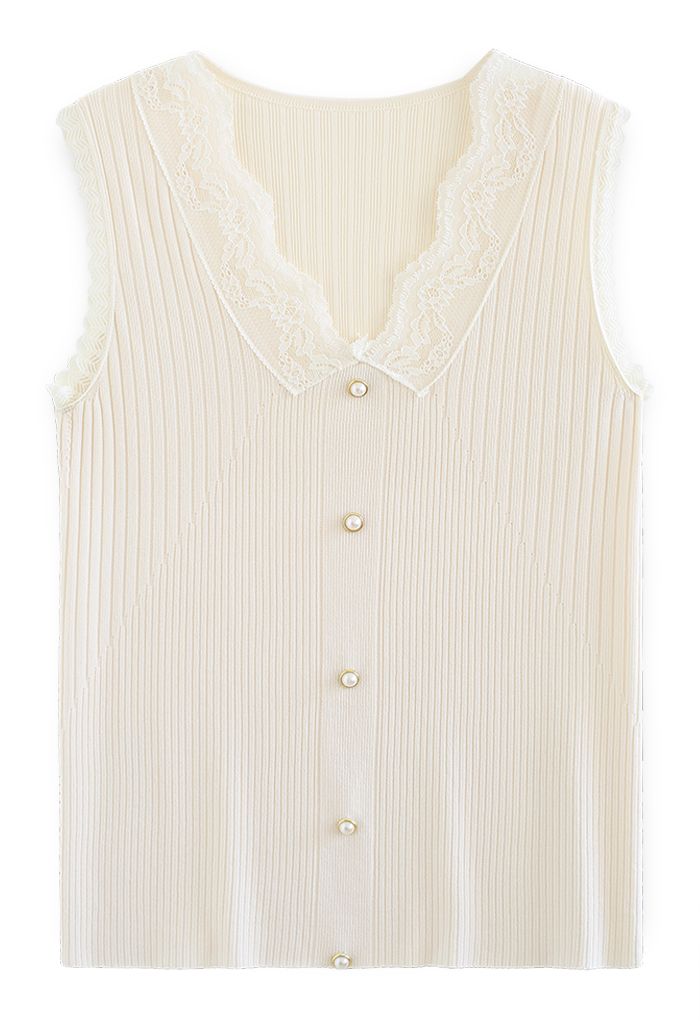 Lacy V-Neck Knit Tank Top in Cream