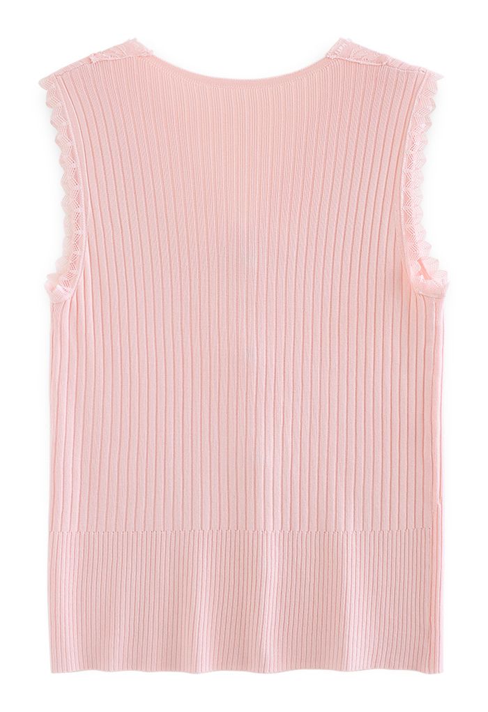 Lacy V-Neck Knit Tank Top in Pink