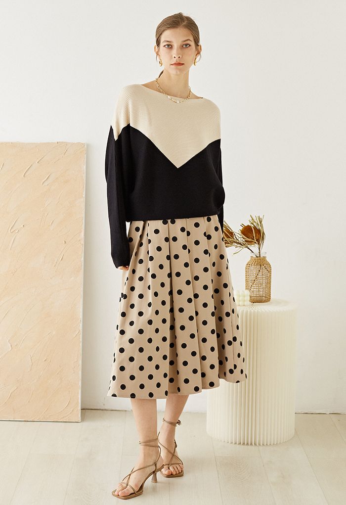 Polka Dot Pleated Midi Skirt in Khaki