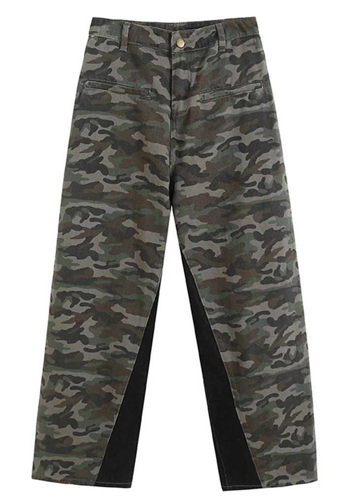 Camouflage Print Spliced Wide Leg Jeans