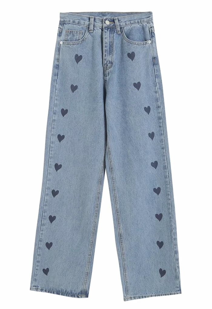 Vintage Heart Print Wide Leg Jeans