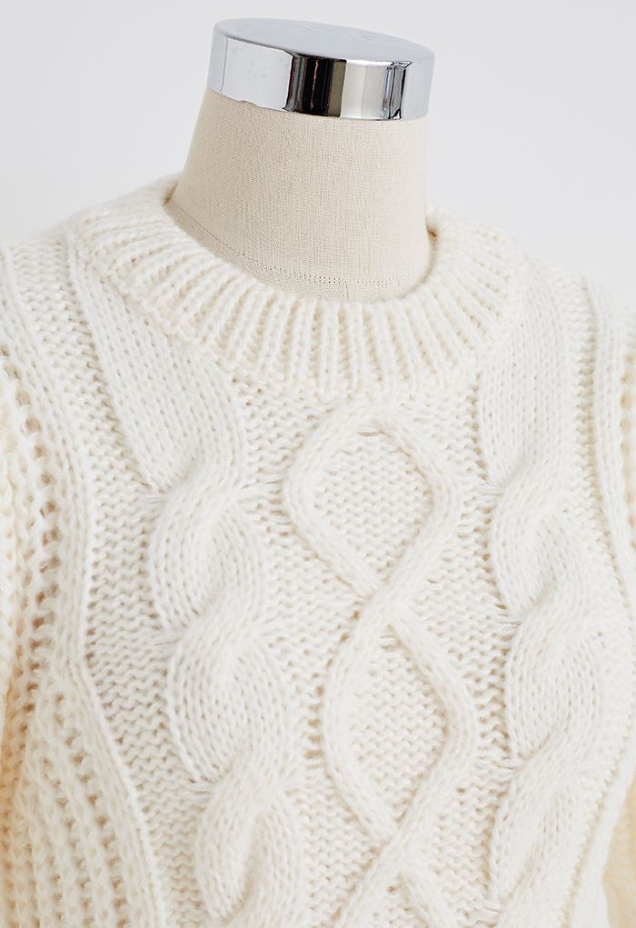 Bubble Sleeve Braided Ribbed Sweater