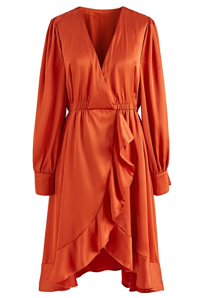 Asymmetric Ruffle Hem Wrap Satin Dress in Orange