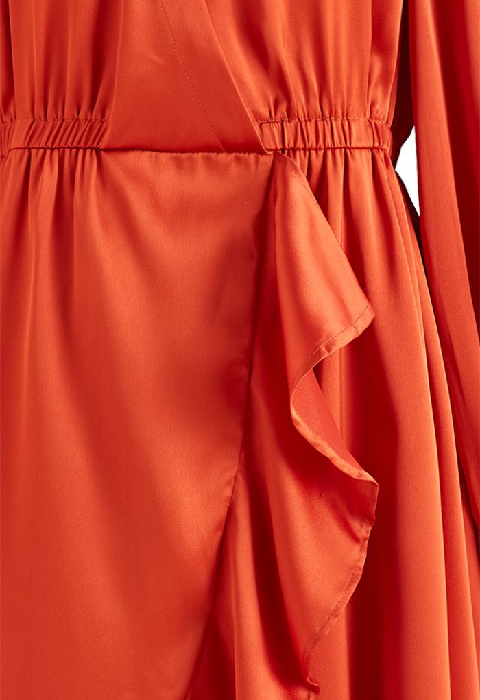 Asymmetric Ruffle Hem Wrap Satin Dress in Orange