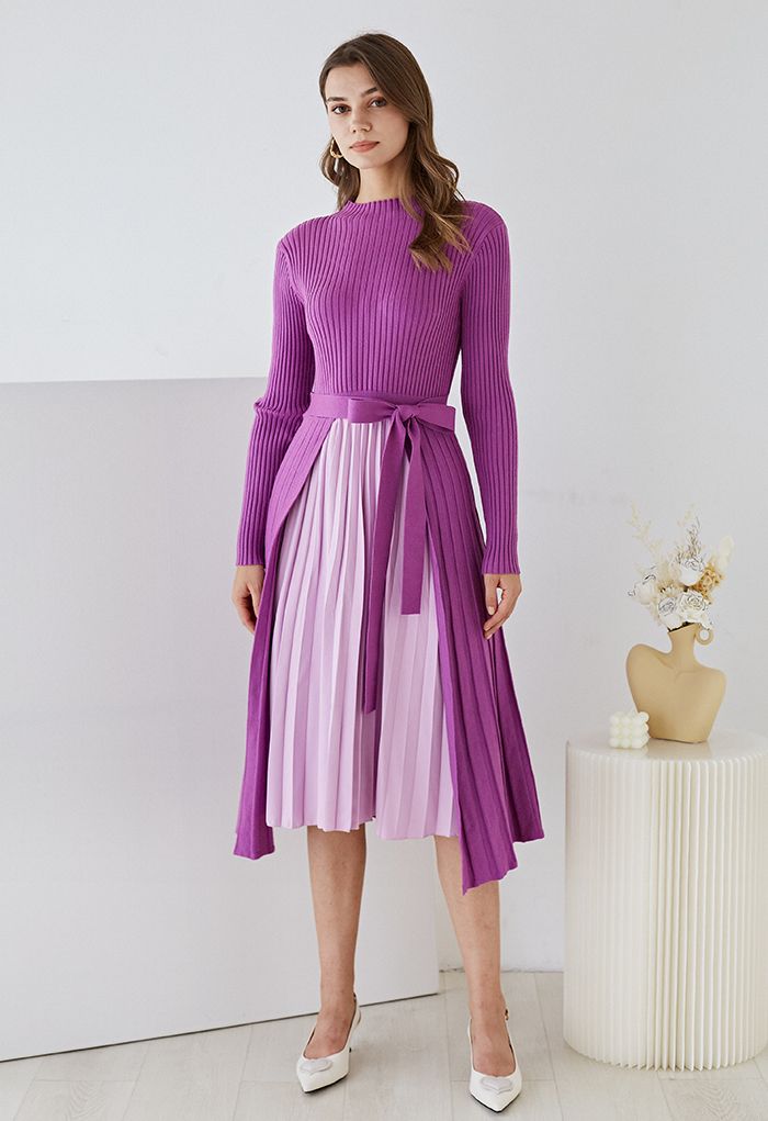 Front Pleats Splicing Belted Hi-Lo Knit Dress in Violet