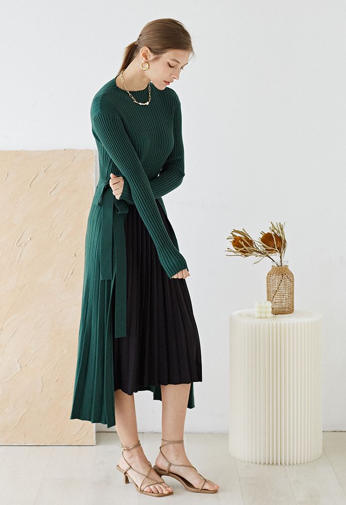Front Pleats Splicing Belted Hi-Lo Knit Dress in Dark Green
