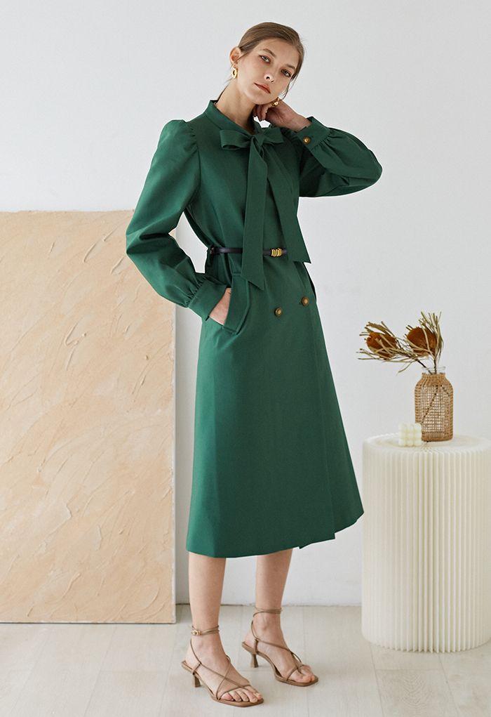 Exquisite Bowknot Double-Breasted Belted Coat in Dark Green