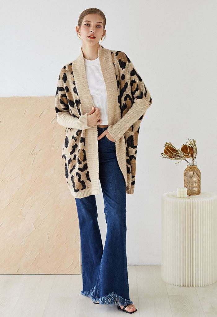 Fuzzy Leopard Batwing Sleeves Open Front Cardigan in Camel