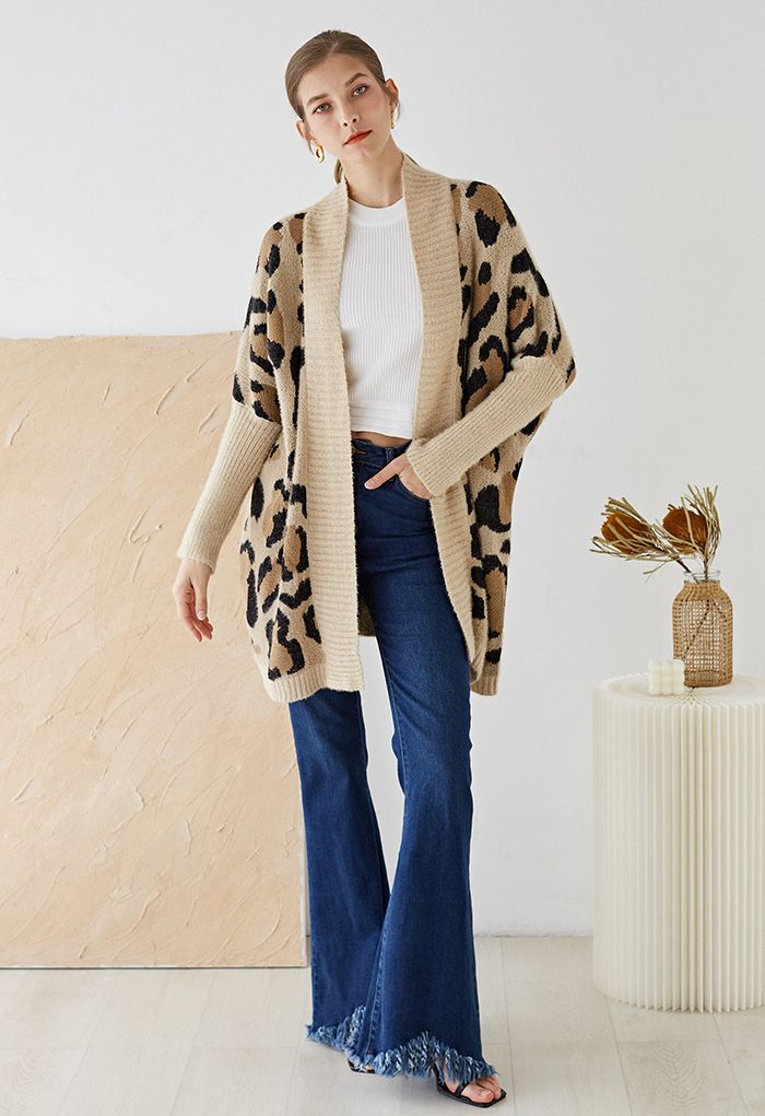 Fuzzy Leopard Batwing Sleeves Open Front Cardigan in Camel