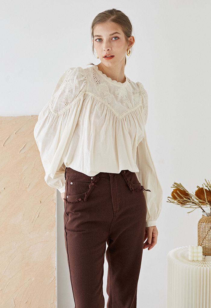 Embroidered Eyelet Puff Sleeve Dolly Top