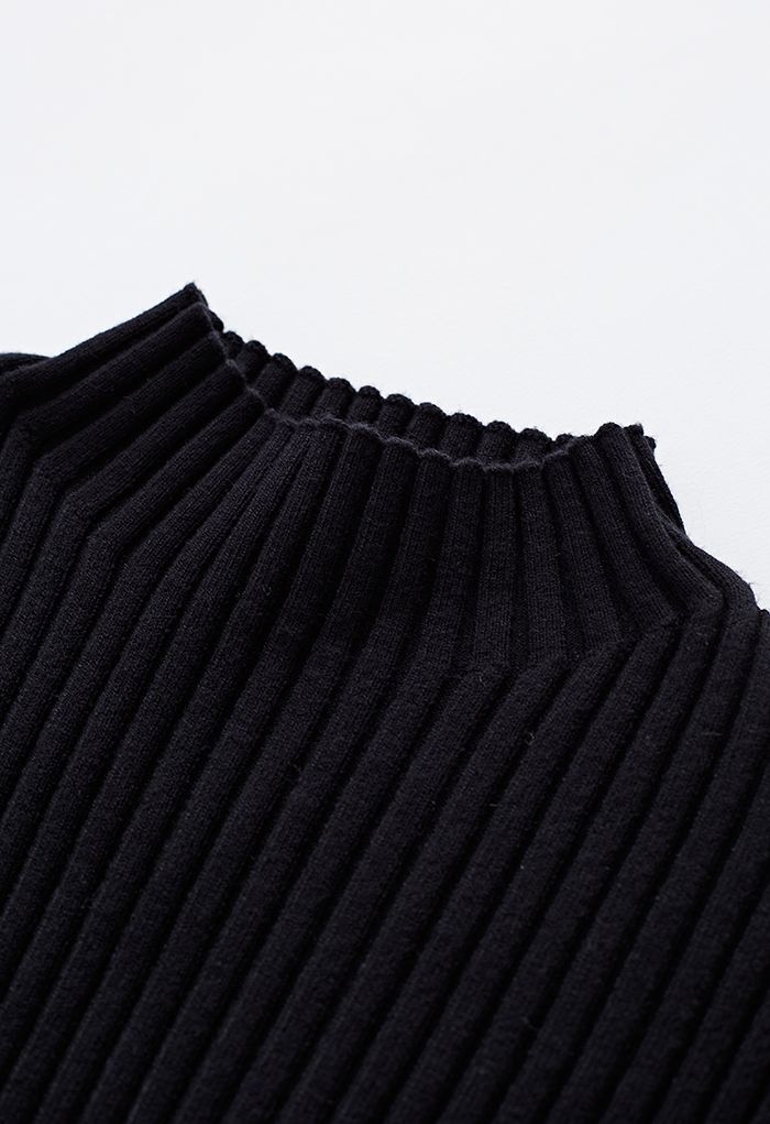 Front Pleats Splicing Belted Hi-Lo Knit Dress in Black