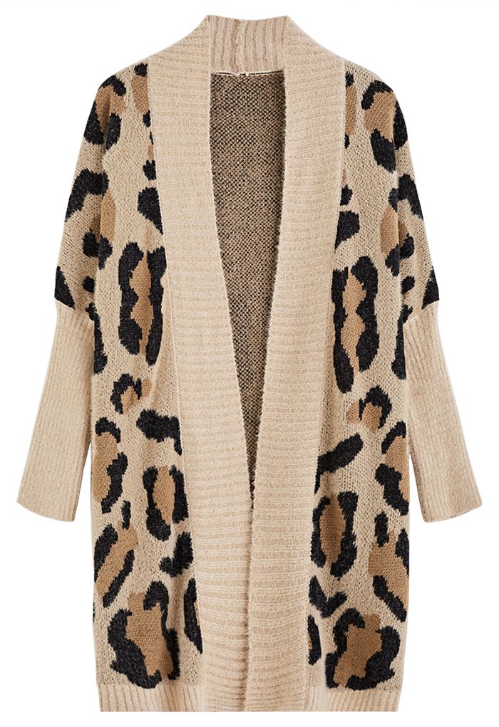 Fuzzy Leopard Batwing Sleeves Open Front Cardigan in Camel