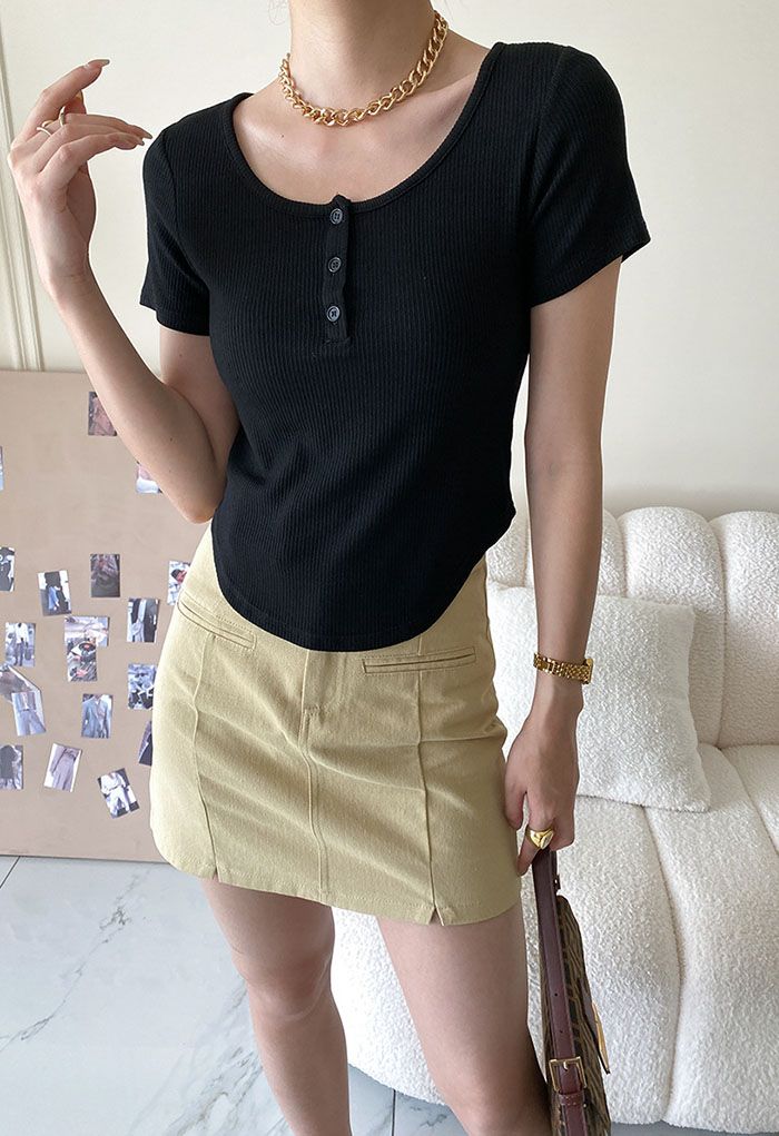 Buttoned Neck Ribbed Crop Top in Black