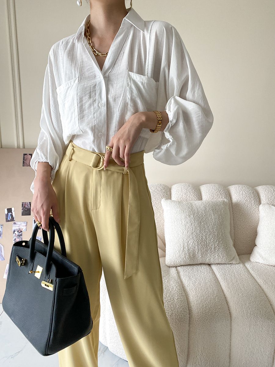 Button Down Bubble Sleeve Shirt in White