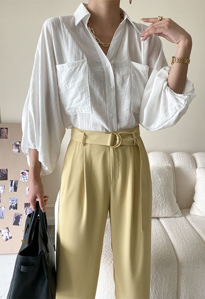 Button Down Bubble Sleeve Shirt in White