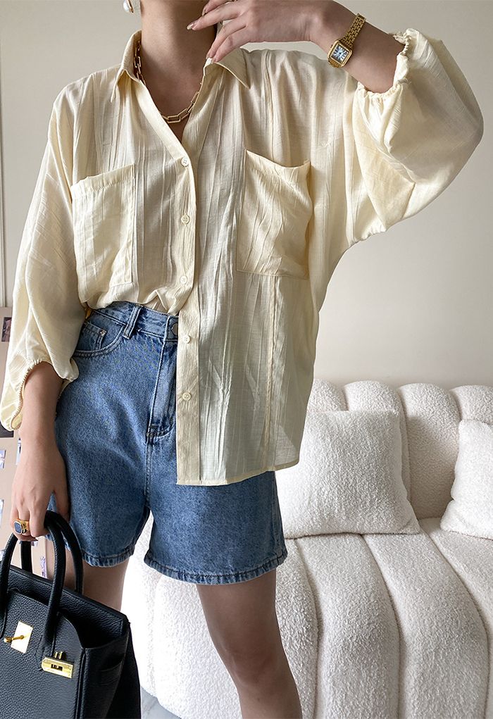 Button Down Bubble Sleeve Shirt in Cream