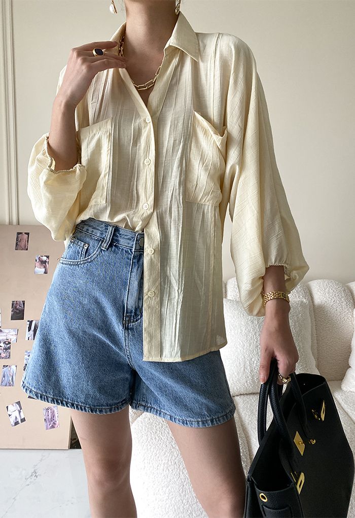 Button Down Bubble Sleeve Shirt in Cream