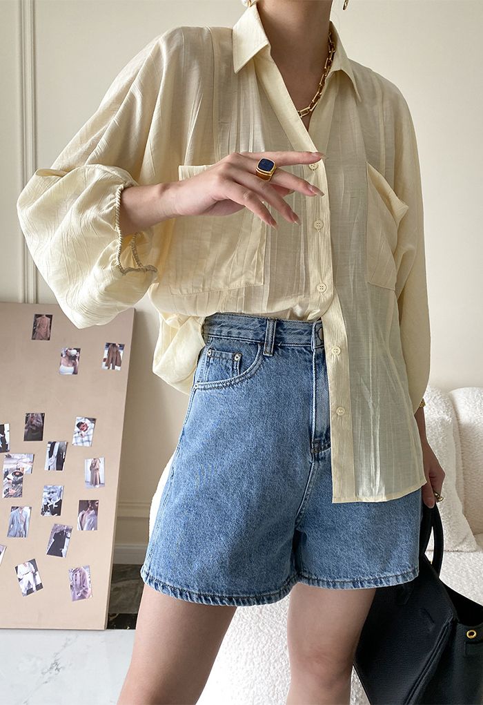 Button Down Bubble Sleeve Shirt in Cream