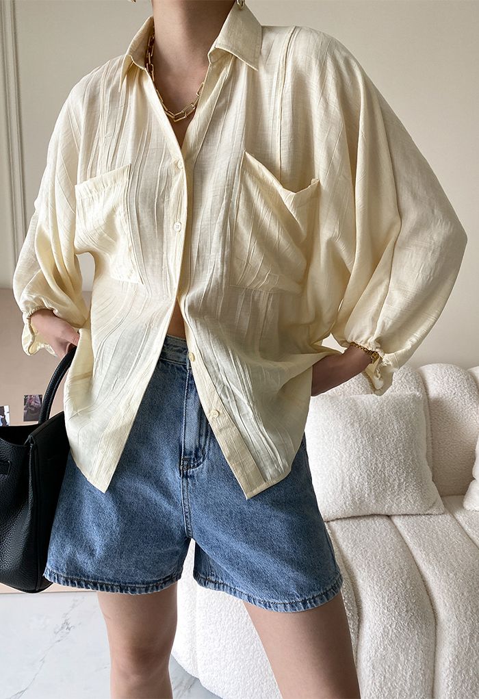 Button Down Bubble Sleeve Shirt in Cream