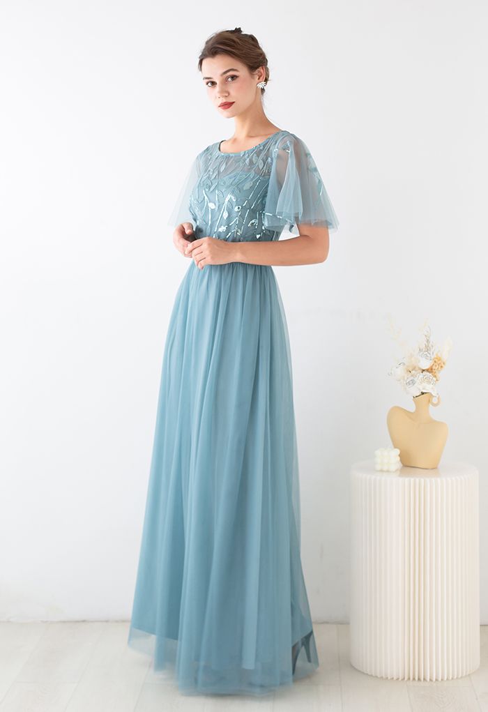 Flutter sleeve evening on sale gown