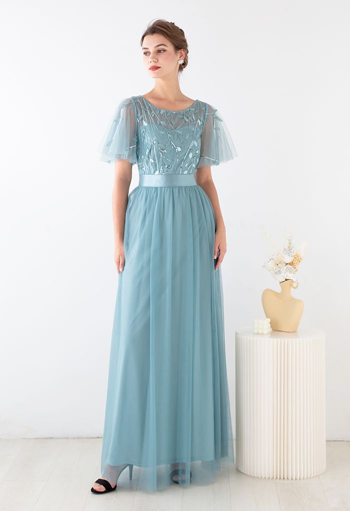 Sequined Vine Flutter Sleeve Mesh Gown in Teal