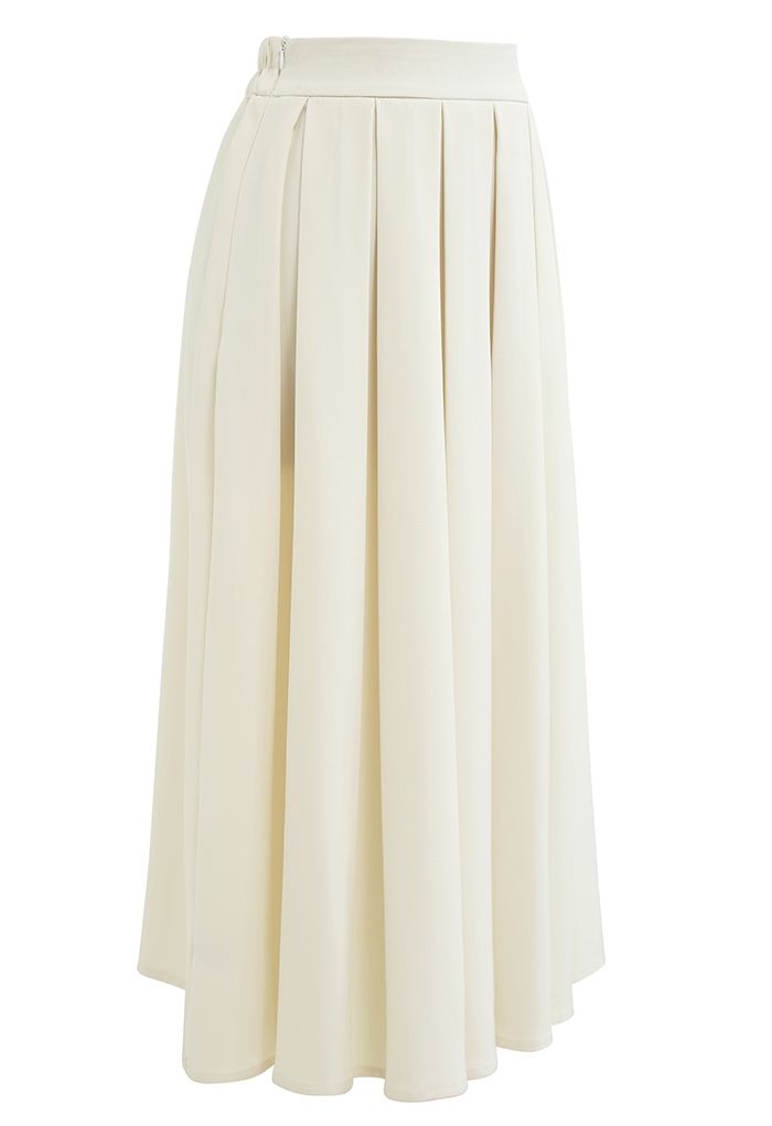 Pastel Candy Front Pleated Midi Skirt in Ivory