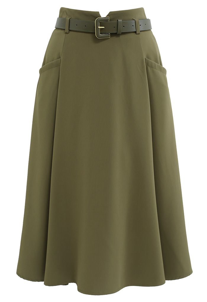 Front Pockets Belted Midi Skirt in Army Green