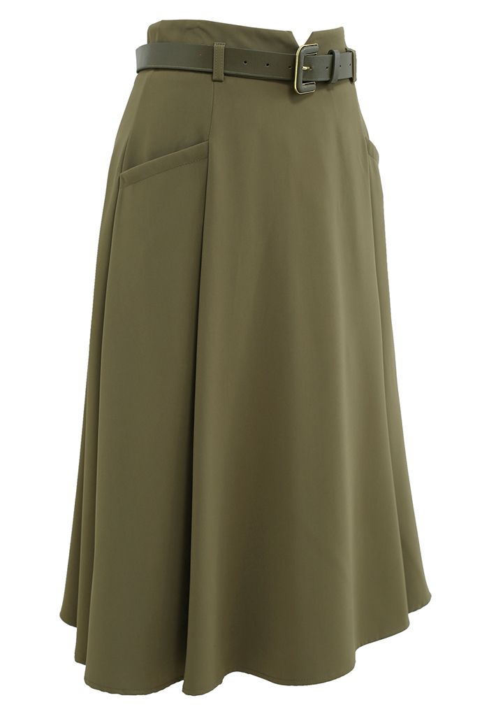 Front Pockets Belted Midi Skirt in Army Green