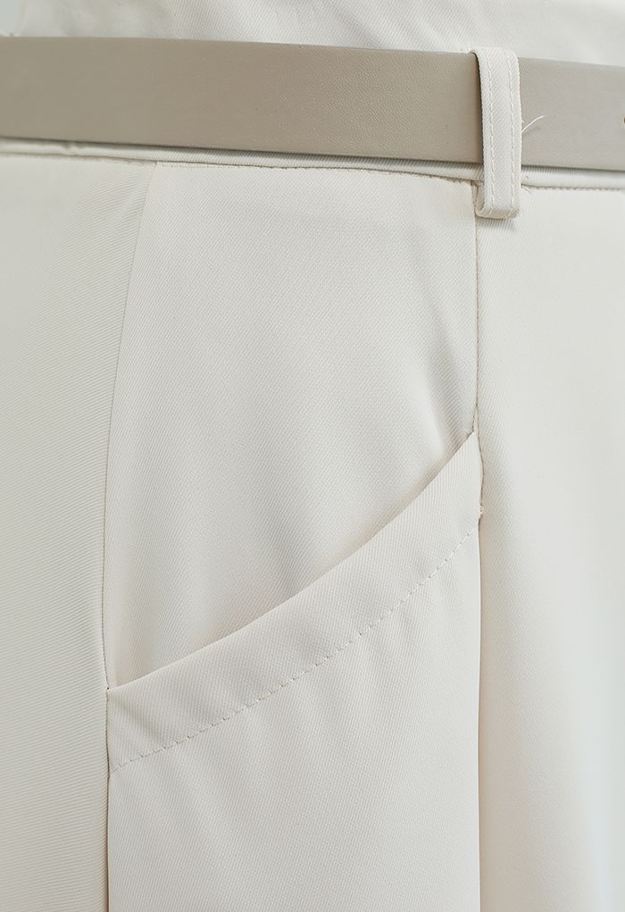 Front Pockets Belted Midi Skirt in Ivory