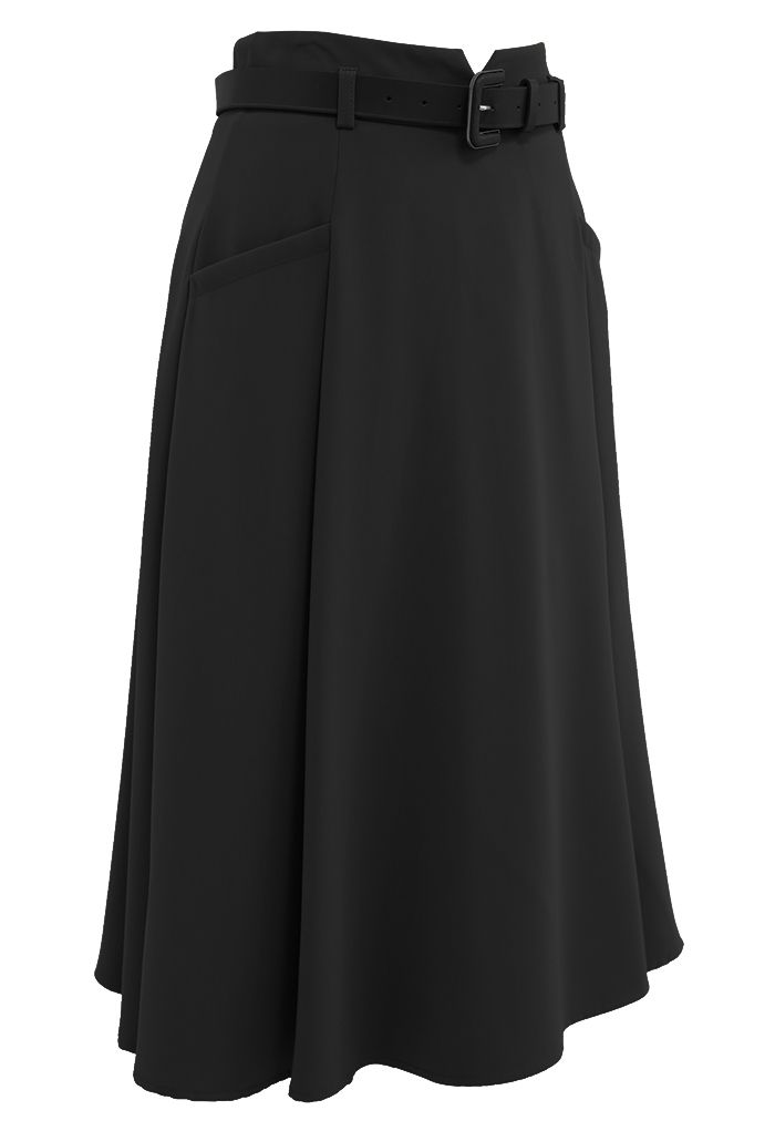 Front Pockets Belted Midi Skirt in Black