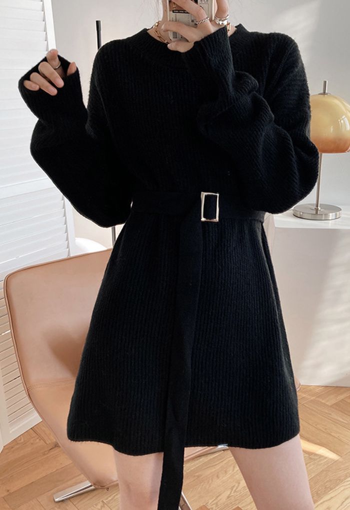 Belted Ribbed Longline Sweater in Black