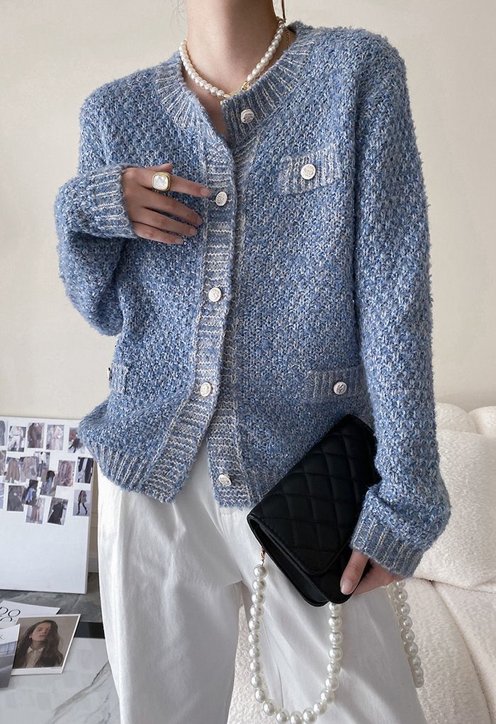 Sequins Trim Mohair Knit Cardigan in Blue